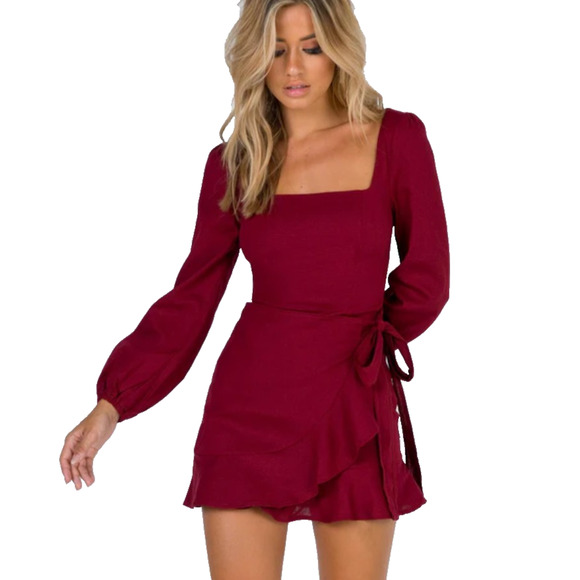 Princess Polly The Villa Burgundy Linen Ruffle Hem Square Neck Wrap Mini Dress 4 - Picture 1 of 11